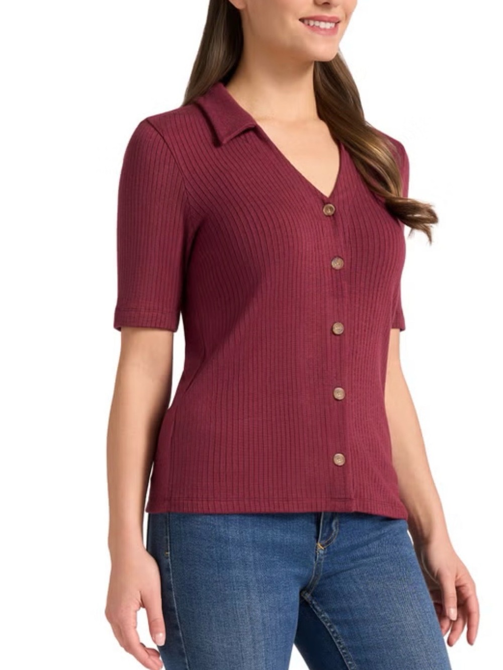 Matty M Women's Ribbed Button Front Top - Picture 3 of 8
